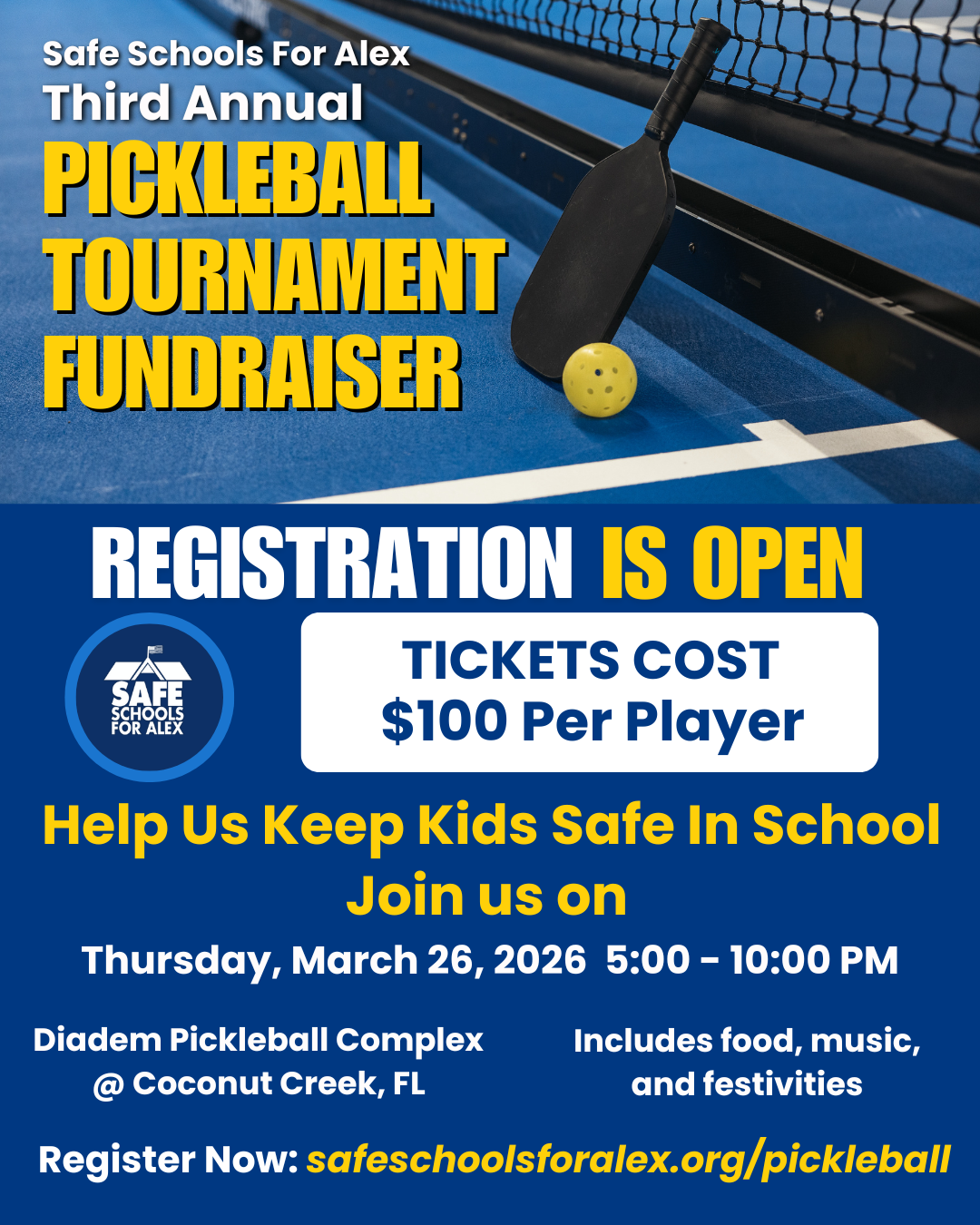 Safe Schools For Alex Third Annual PICKLEBALL TOURNAMENT FUNDRAISER